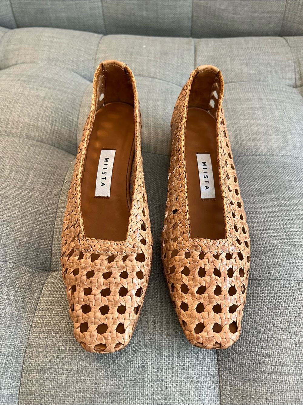 Miista Woven Leather Flats Tan Nude Square Toe EU 37 New Without Box